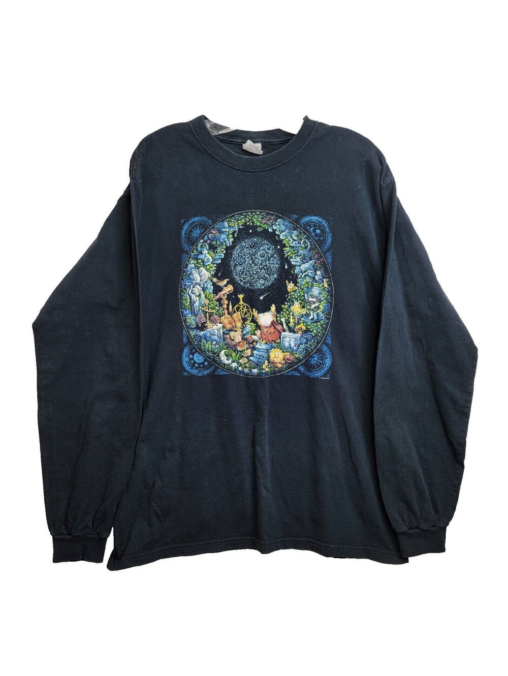 1999 Bill Bell Men's Large Black Anvil Wizard Astronomer Horoscope Shirt Y2K